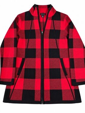 Adrienne Vittadini Red & Black Buffalo Plaid Zip-Front Pea Coat 0063